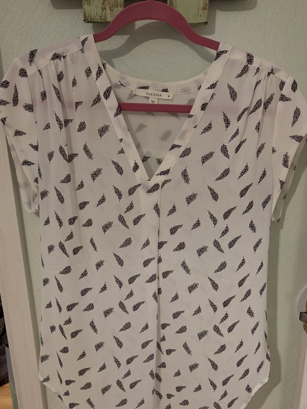 fun 2 fun White Blouse with Black Feather Print